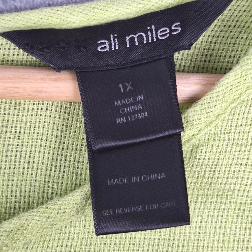 Ali Miles Top 1X Green Linen Lagenlook Artsy Boho Beach Coastal Resort Tunic